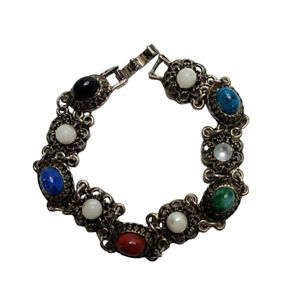 ✨ Vintage Agate Link Bracelet 💎 Gold Tone Faux Pearl 7" Retro Style